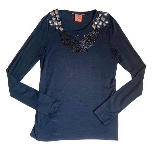 Tory Burch Tops - Tory Burch Black Embellished Jeweled Neckline Long Sleeve. Size Small.